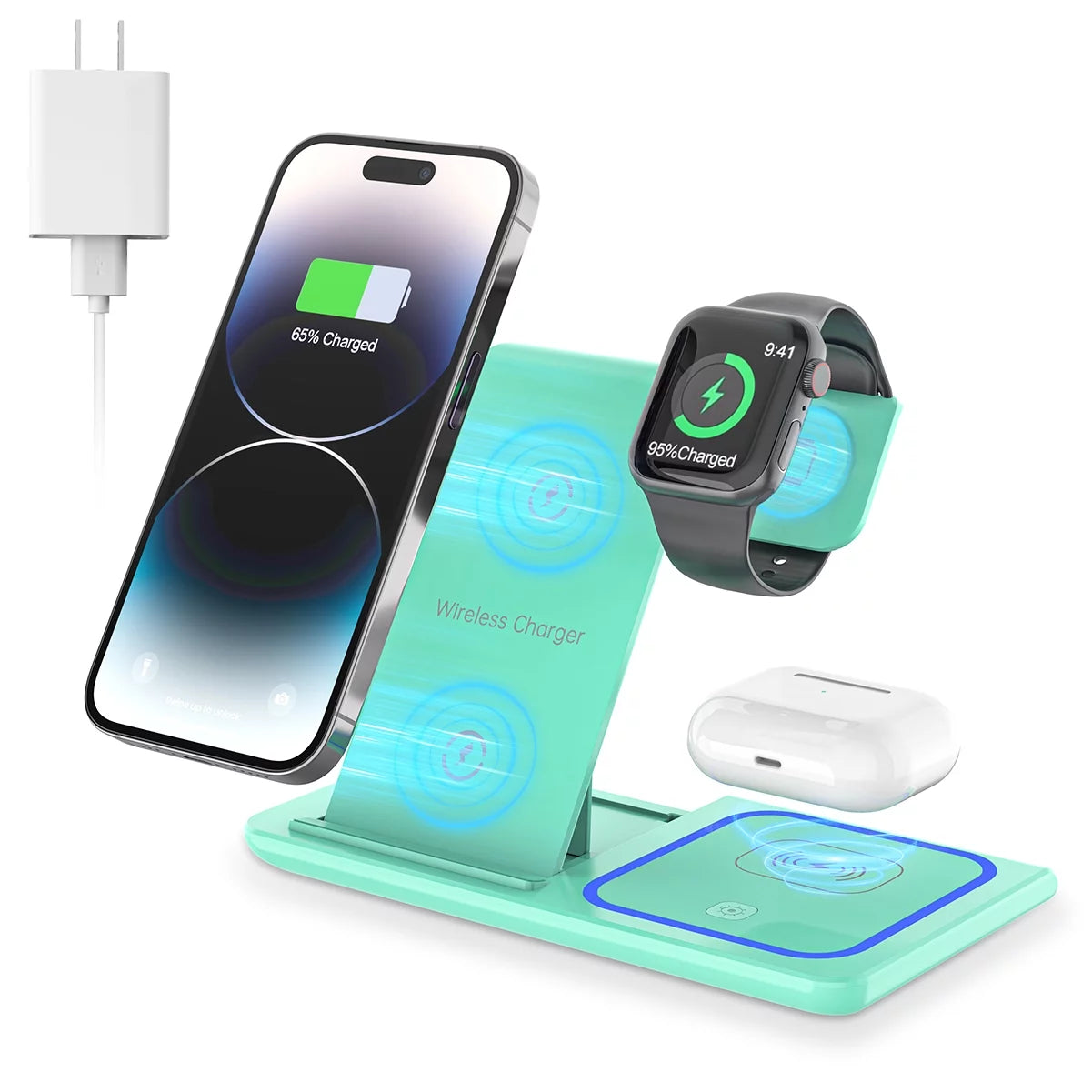 Wireless Charger, 18W 3 in 1 Charging Station for Iphone 16/15/14/13/12/11/Pro/Xs/Xs Max/Xr/X, Fast Wireless Charging Dock for Apple Watch 10/9/8/7/6/SE/5/4/3/2, Airpods 4/3/2/Pro with Adapter(Green)