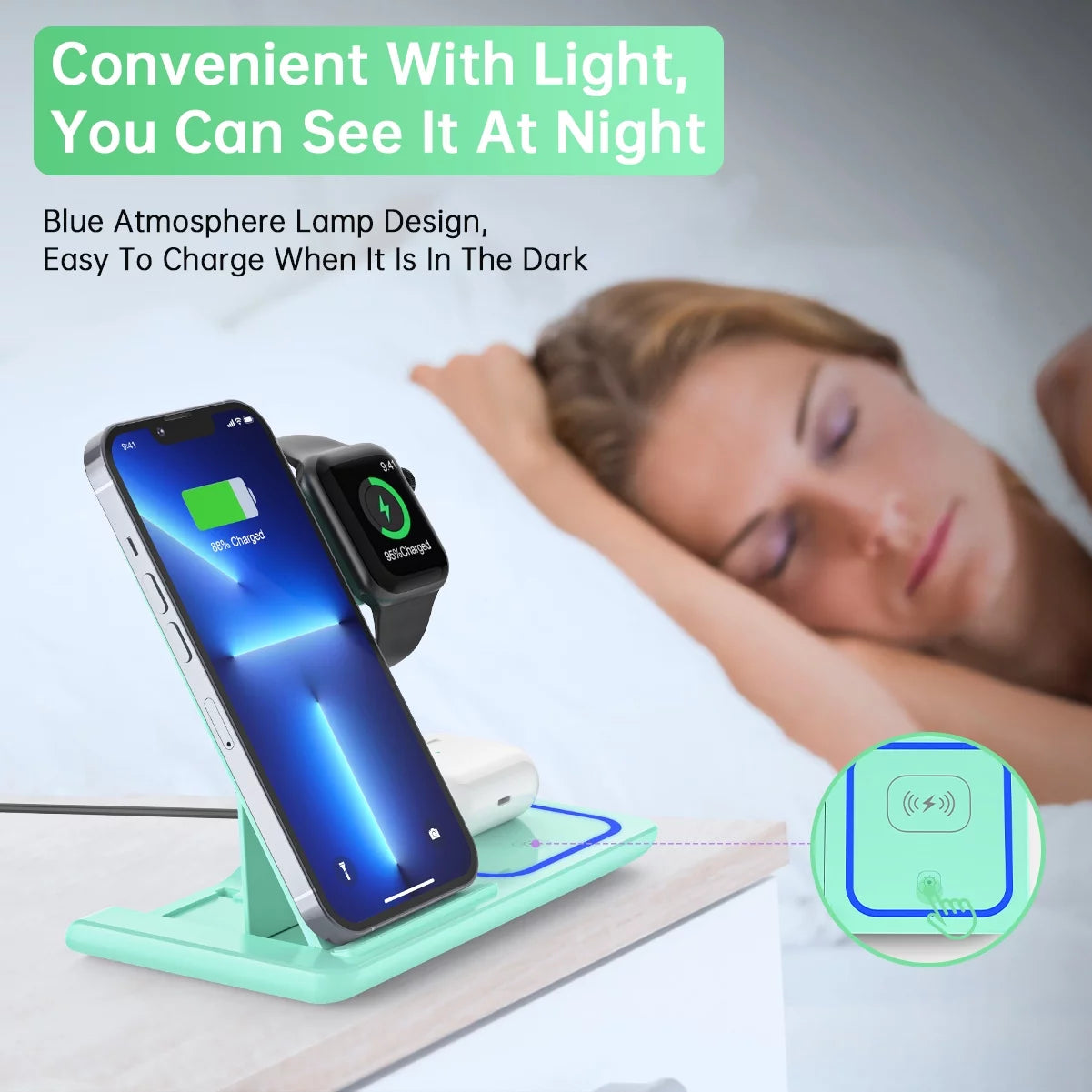 Wireless Charger, 18W 3 in 1 Charging Station for Iphone 16/15/14/13/12/11/Pro/Xs/Xs Max/Xr/X, Fast Wireless Charging Dock for Apple Watch 10/9/8/7/6/SE/5/4/3/2, Airpods 4/3/2/Pro with Adapter(Green)